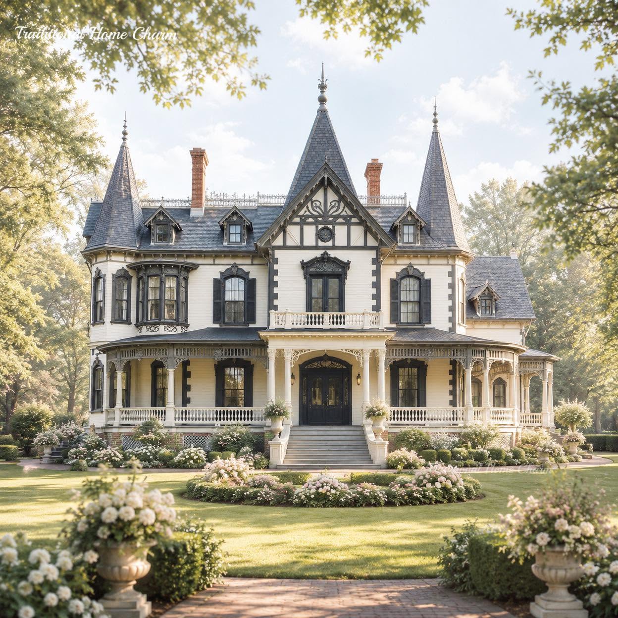 Ornate Victorian mansion with decorative trim and front porch surrounded by greenery