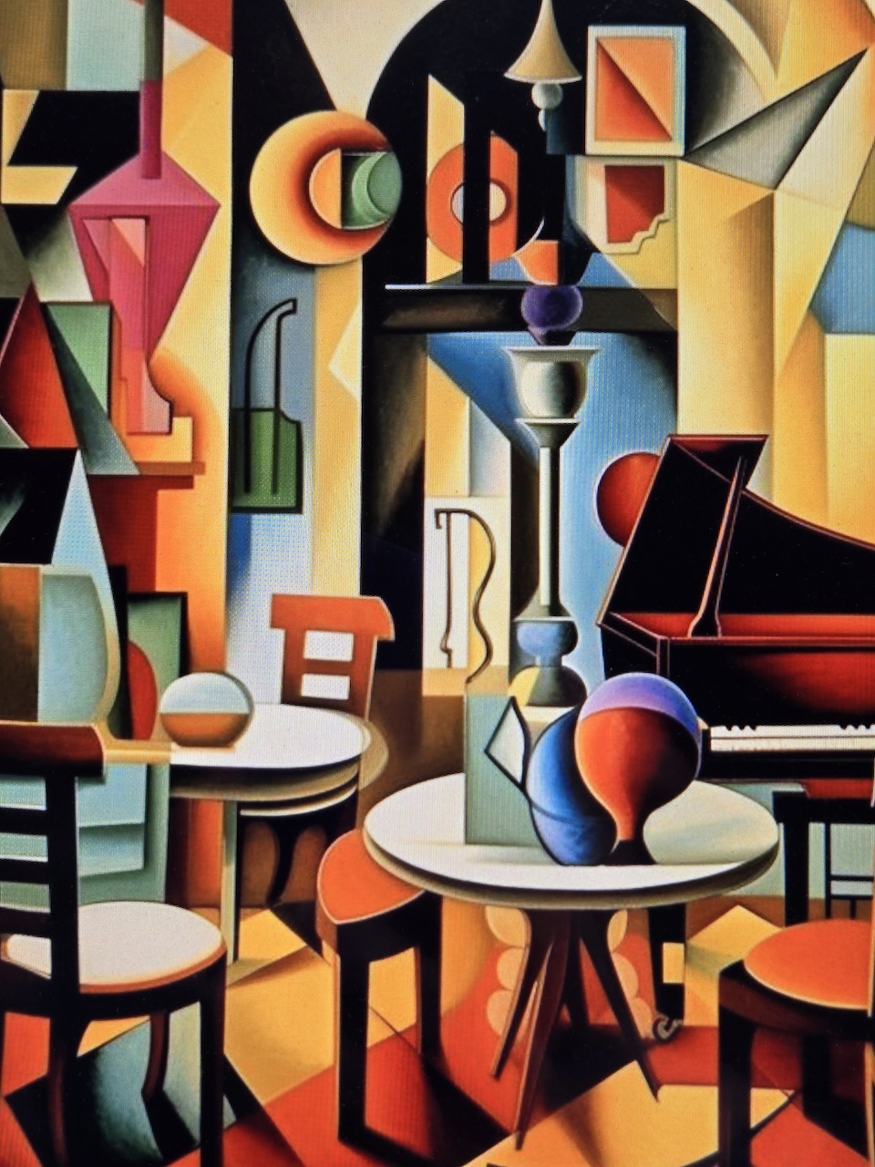 Cubist style painting of coffeehouse with geometric furniture and coffee pot in bold colors