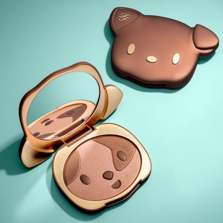 Dog-shaped makeup compact with mirror and brown face powder on a turquoise background