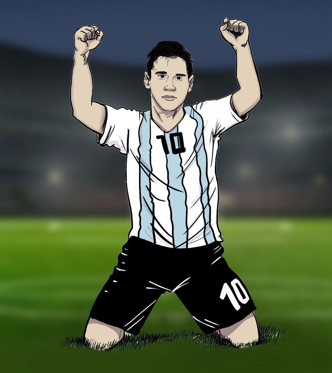 Soccer player in striped jersey celebrating with raised fists on field