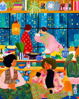 Colorful illustration of four women in a kitchen at night with city lights visible through windows