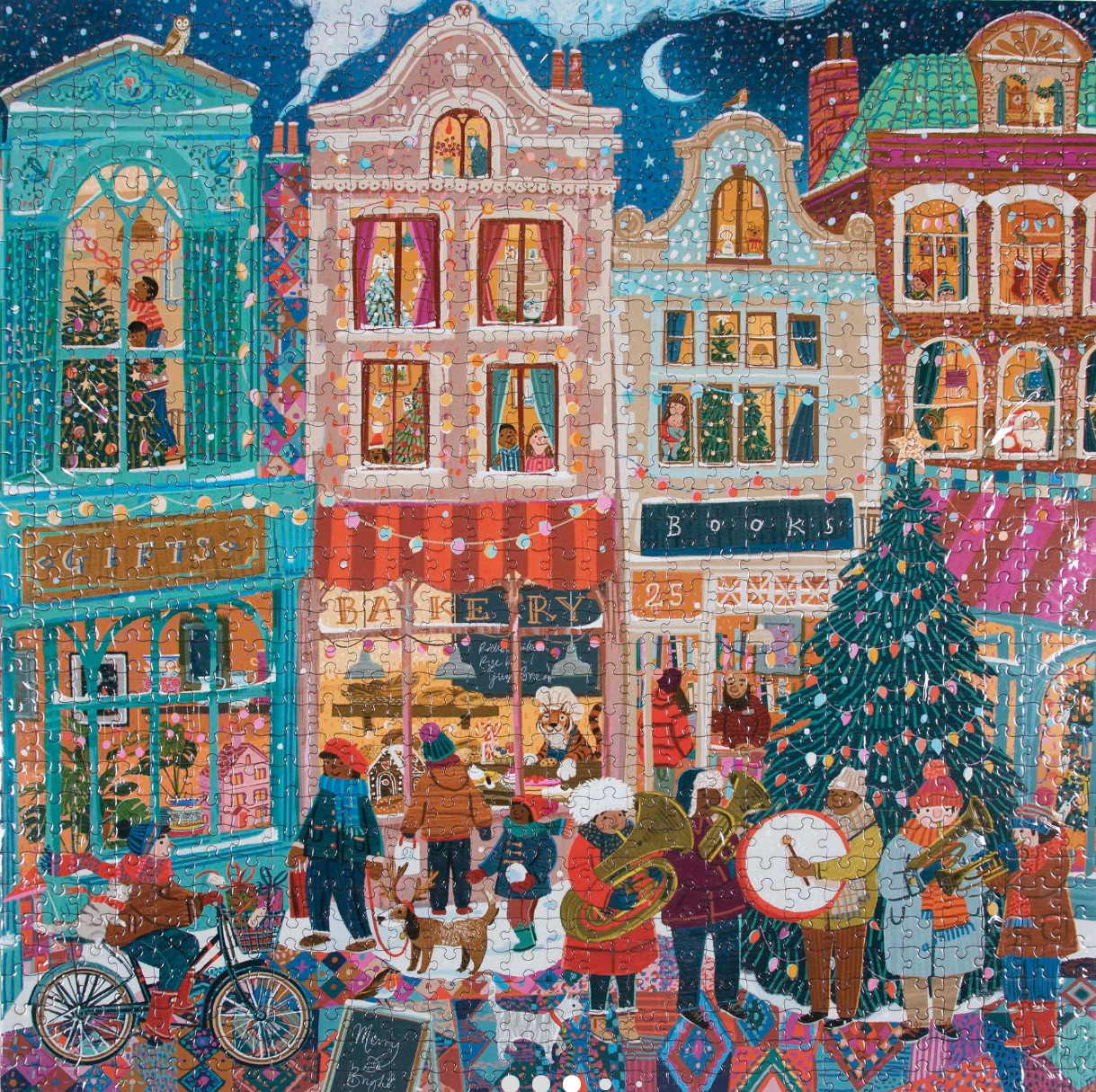 Colorful illustration of a snowy village street with townhouses, a Christmas tree, and musicians