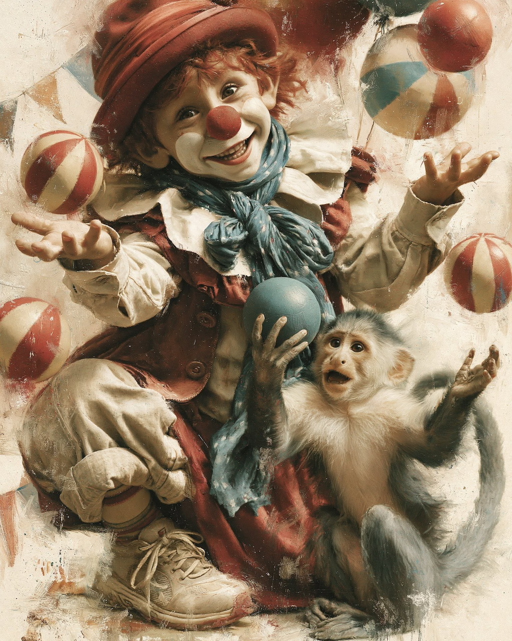 Young clown in red hat juggling striped balls with a small monkey beside him, vintage circus style