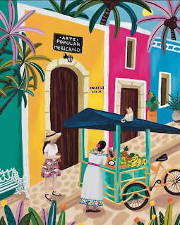 Colorful illustration of Mexican street with buildings, palm trees, and fruit vendor cart