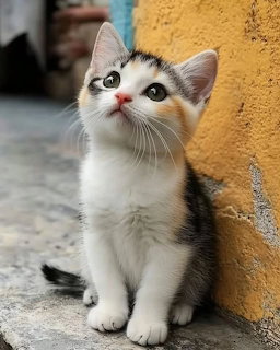 Tricolor kitten sitting by a yellow wall and looking up