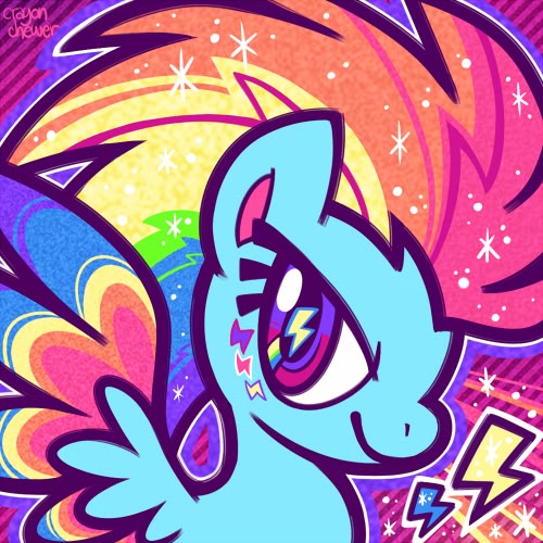 Rainbow Dash blue pegasus pony character on vibrant rainbow swirl background with stars