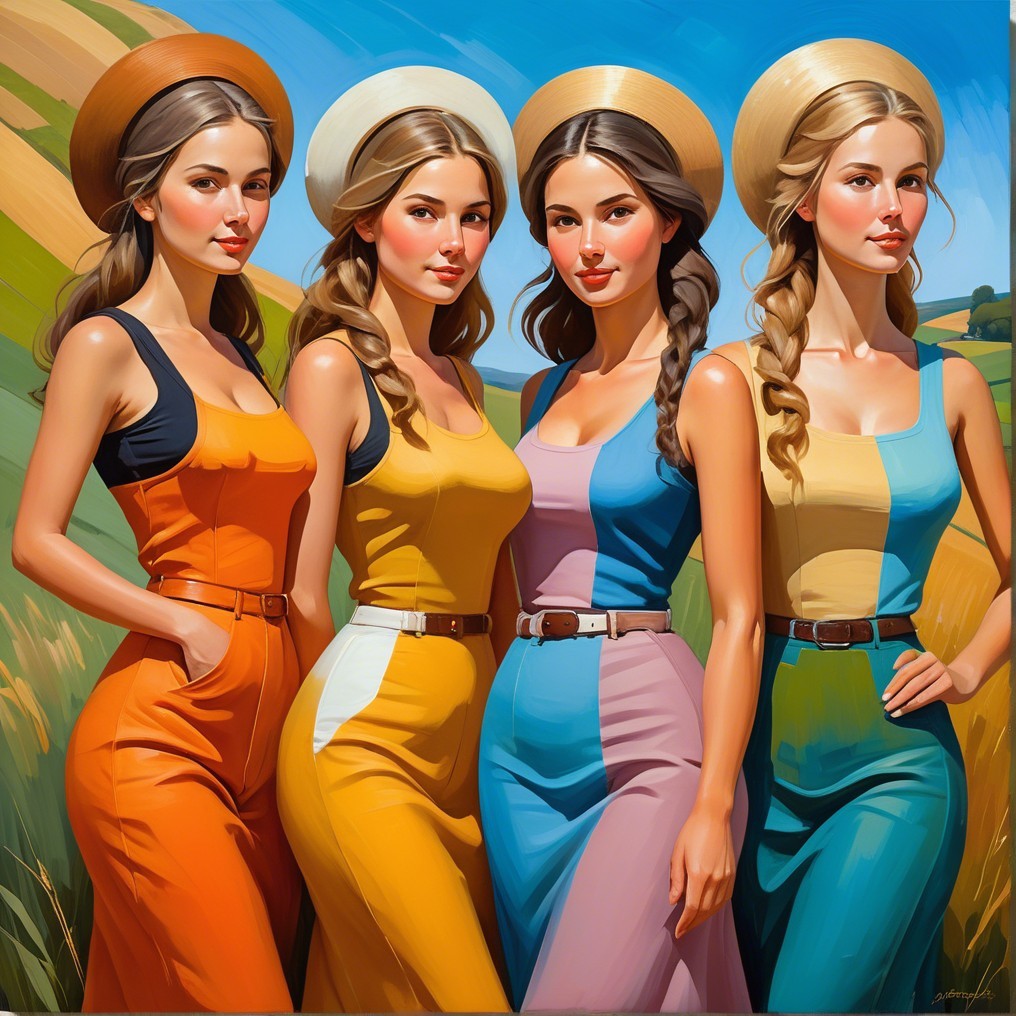 Four women in bright summer outfits and hats standing together in a colorful illustrated scene