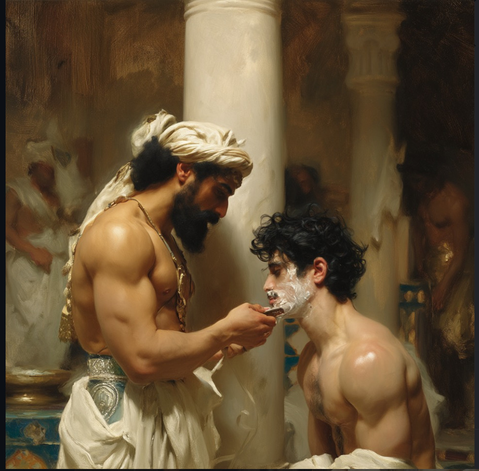 Classical painting of one shirtless man shaving another beside marble columns