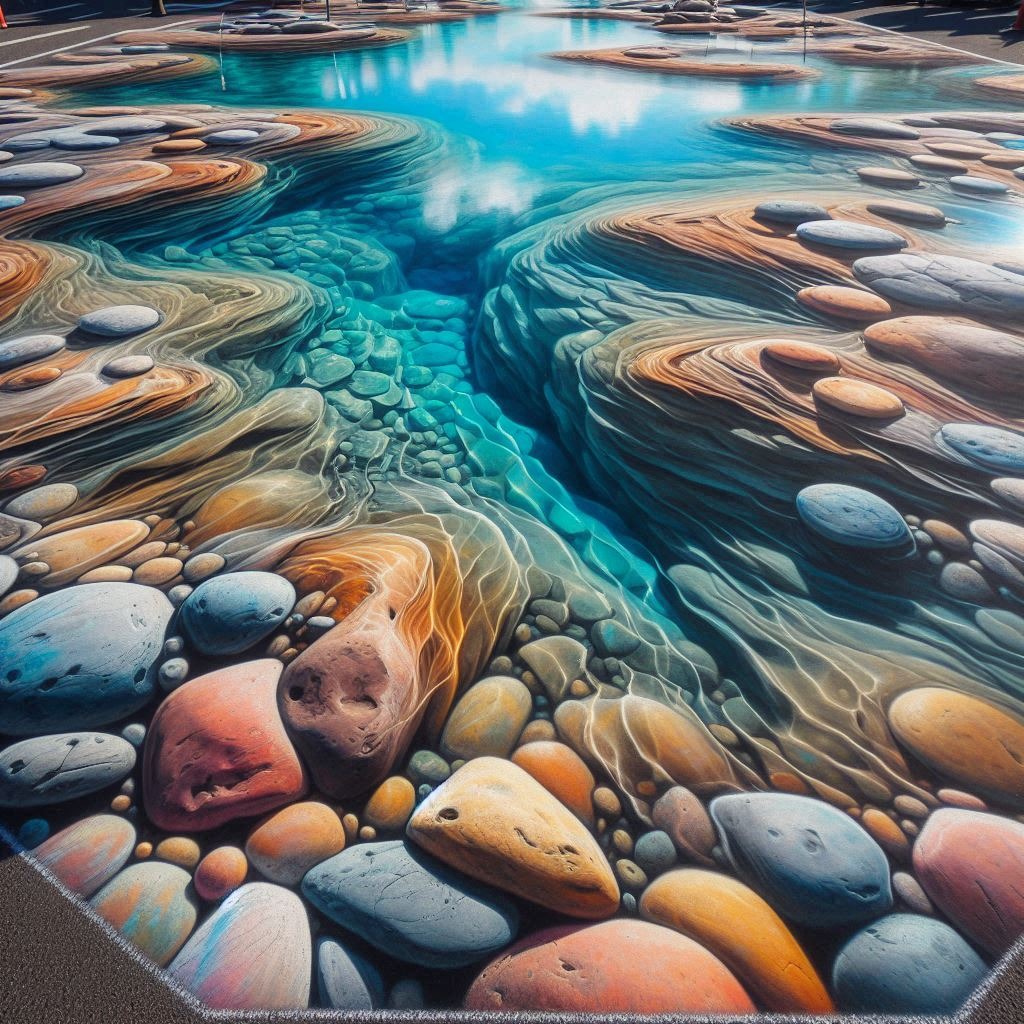 Clear turquoise stream winding through smooth colorful stones and layered rocks