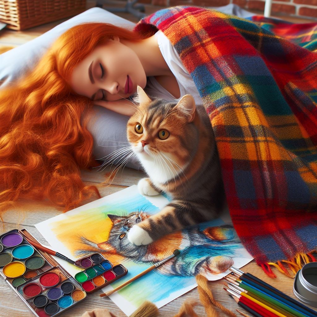 Woman and Cat with Art Supplies