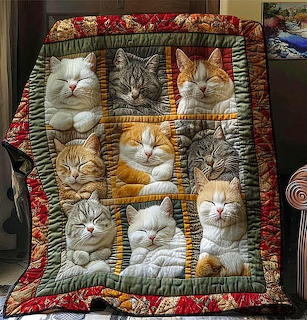 Patchwork quilt with nine squares showing various cat faces in different colors, framed by floral fabric border