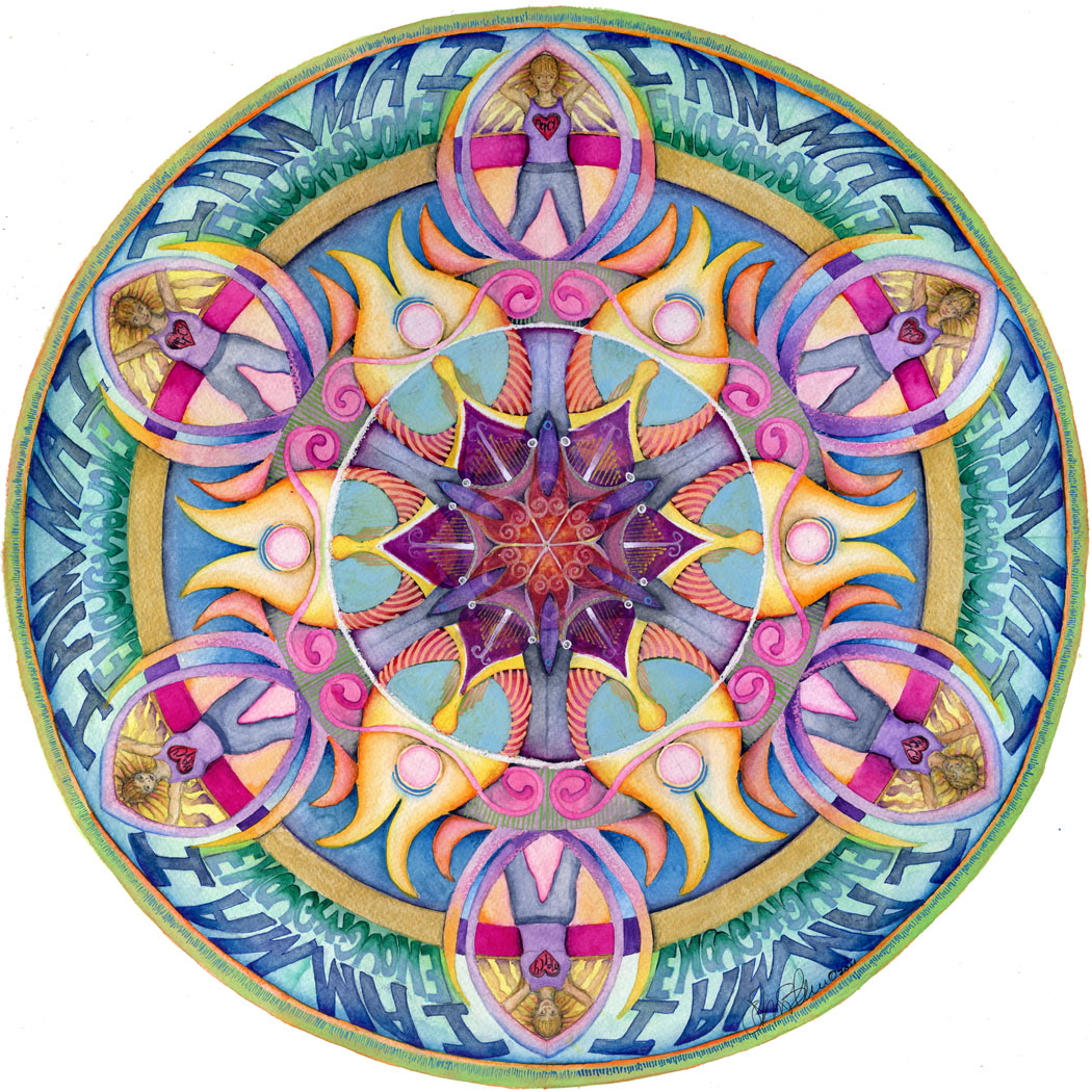 Circular mandala with intricate geometric patterns in pink, blue, teal and gold with radial symmetry