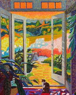 Cat sitting on patio watching sunset through open doors in impressionist painting style