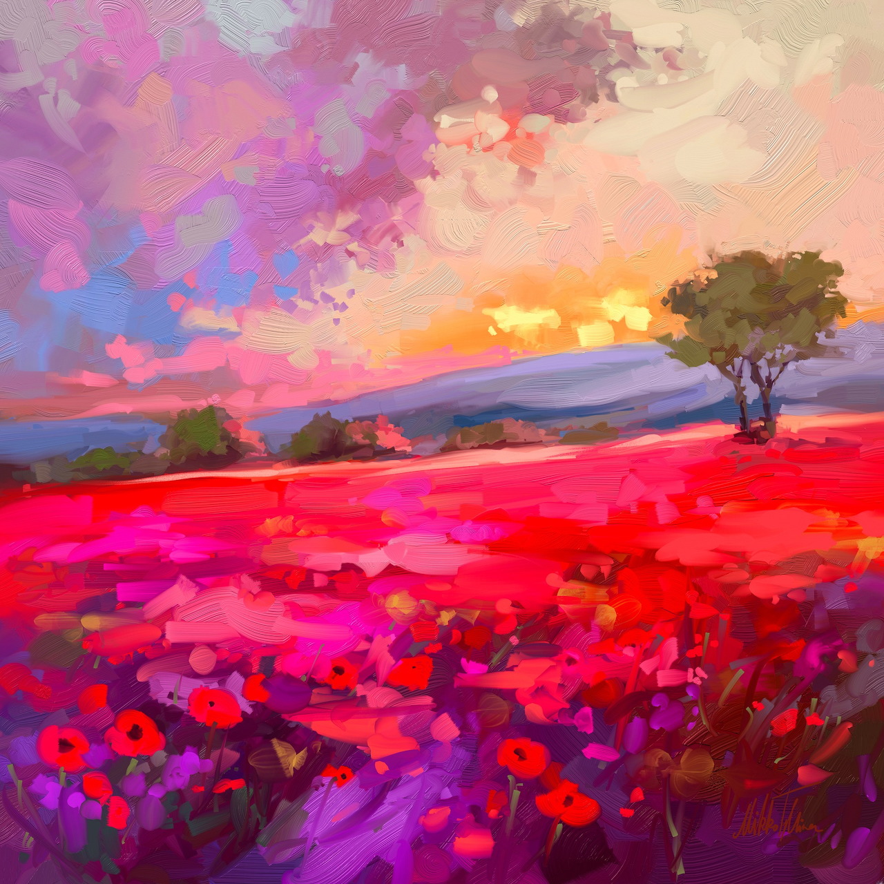Colorful sunset painting of a bright poppy field with rolling hills and a lone tree