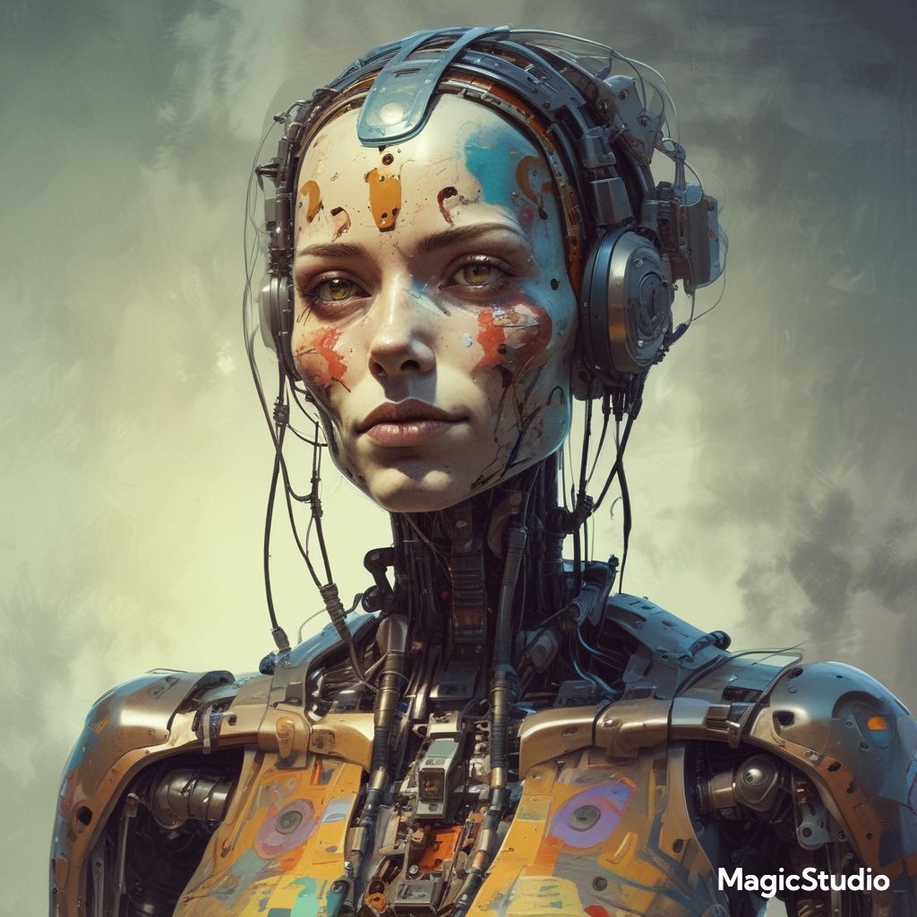 Futuristic female android portrait with mechanical neck, headphones, and painted face