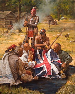 Native American warriors gathered around captured British flag in village clearing with teepees and smoke in background