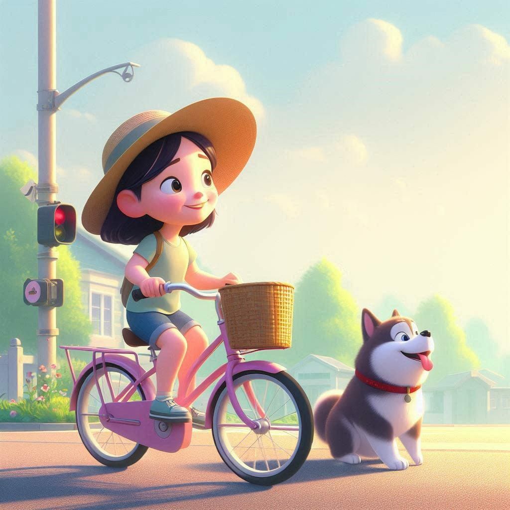 Animated girl in sun hat riding purple bike with husky dog on sunny street