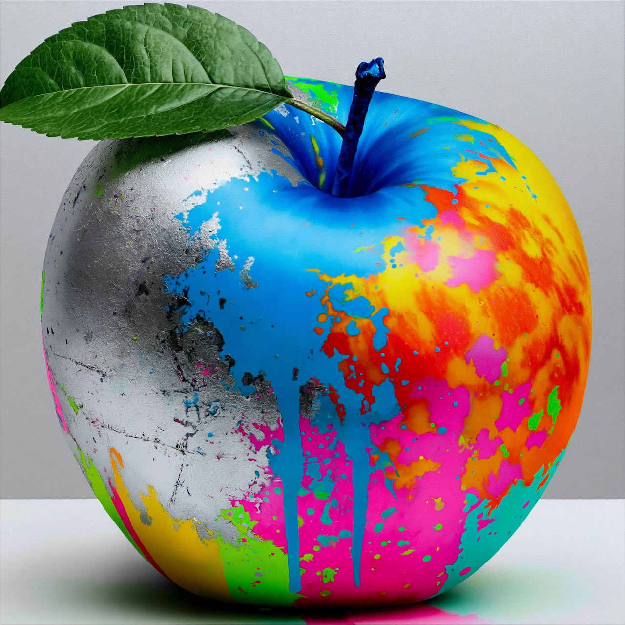 Abstract painted apple with colorful dripping paint and a green leaf