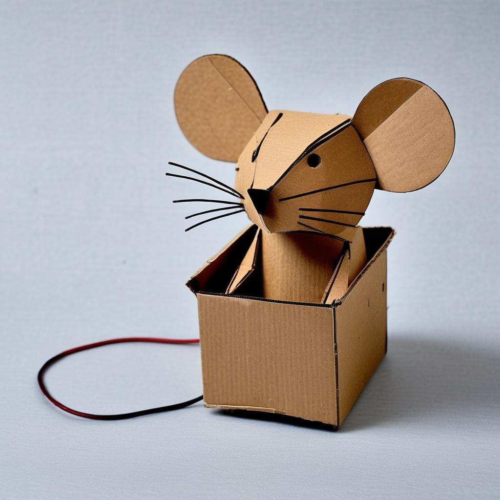 Cardboard mouse sculpture emerging from a box with round ears, whiskers, and red cord tail