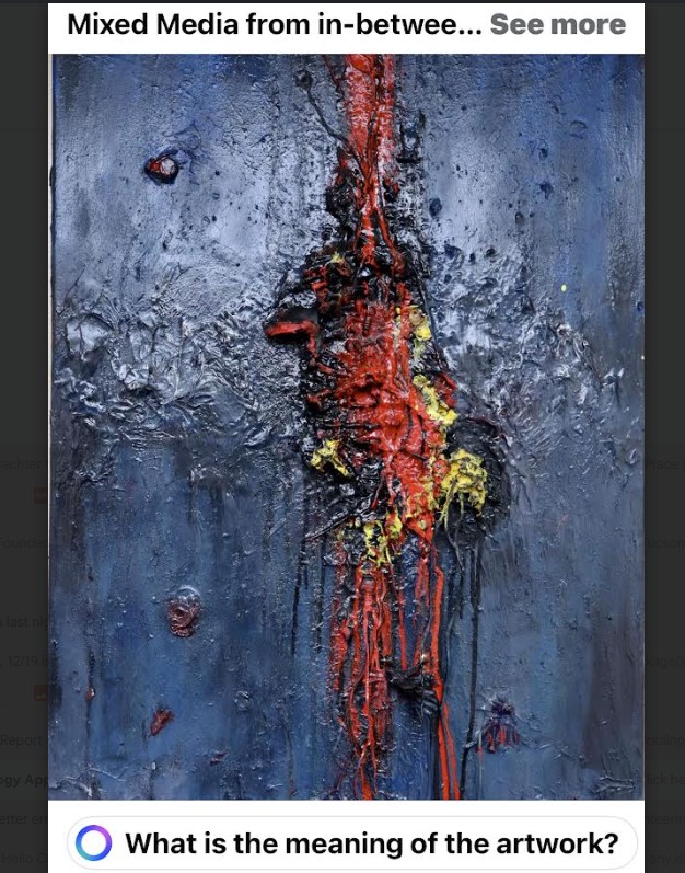 Abstract mixed media painting with red and yellow streaks on dark blue textured surface