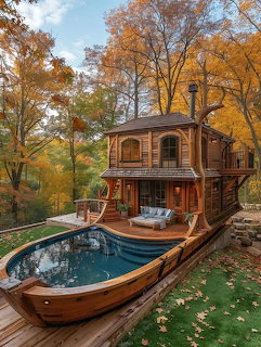 Elevated wooden treehouse with curved pool on deck, autumn trees in background