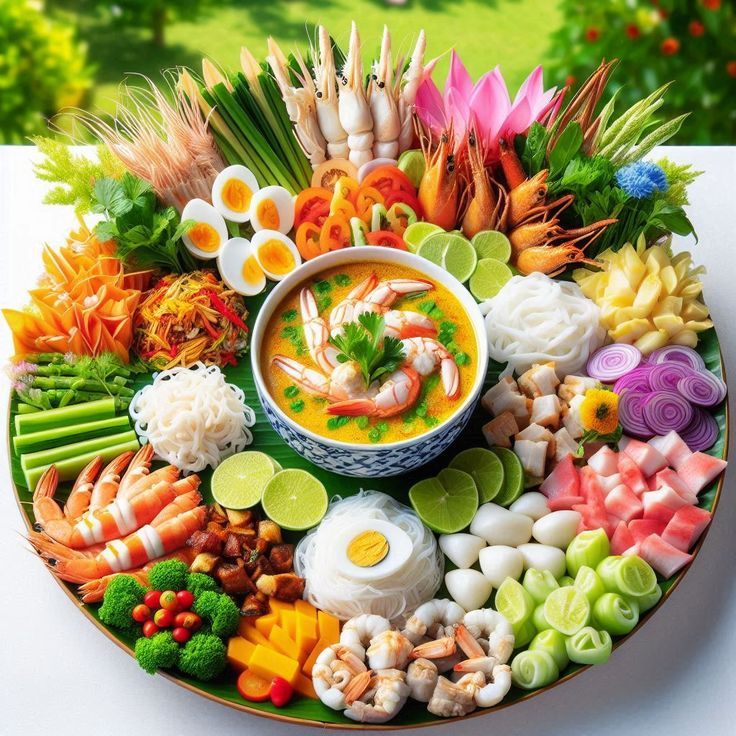 Circular platter with Thai soup bowl at center, surrounded by colorful vegetables, fruits, shrimp, and garnishes