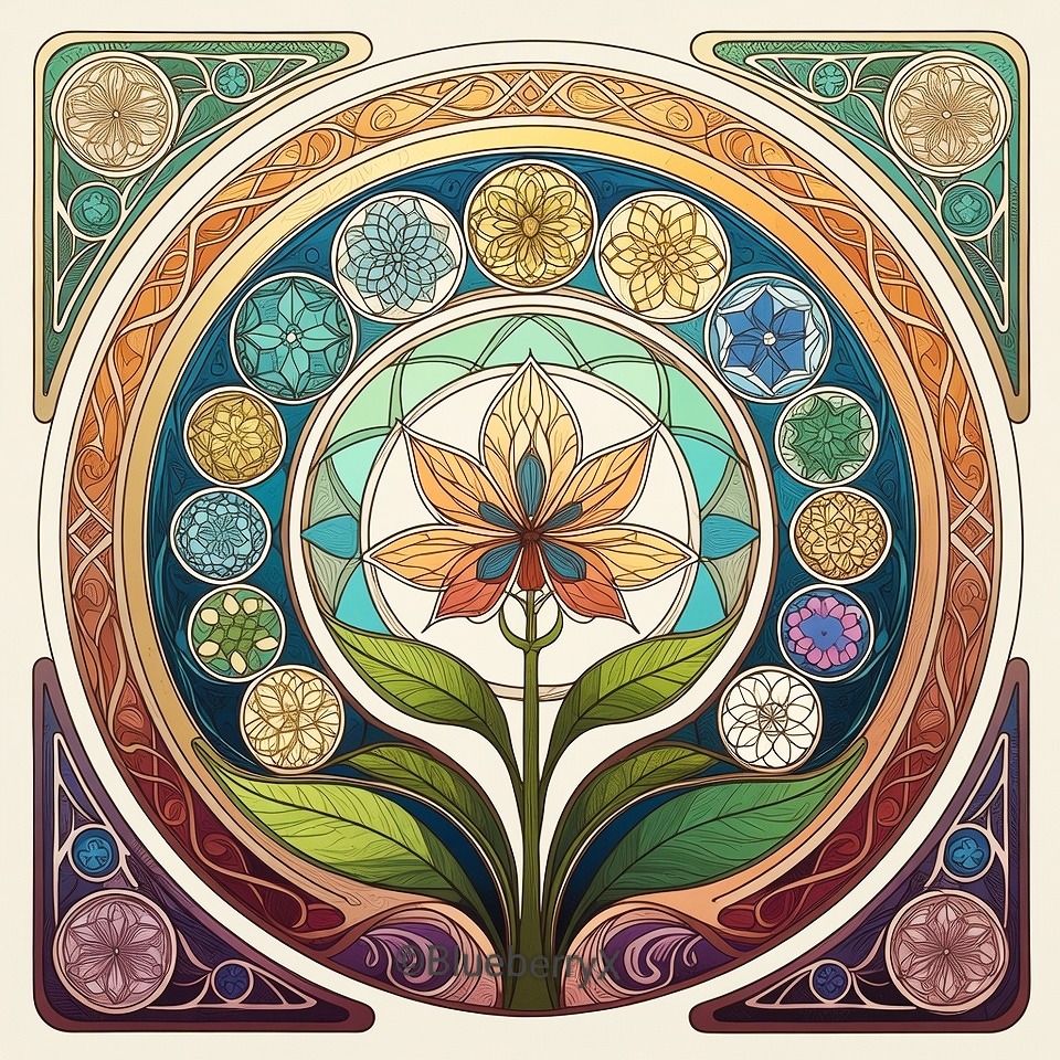 Art nouveau style mandala with central flower motif, circular medallions, and decorative border in warm and cool tones
