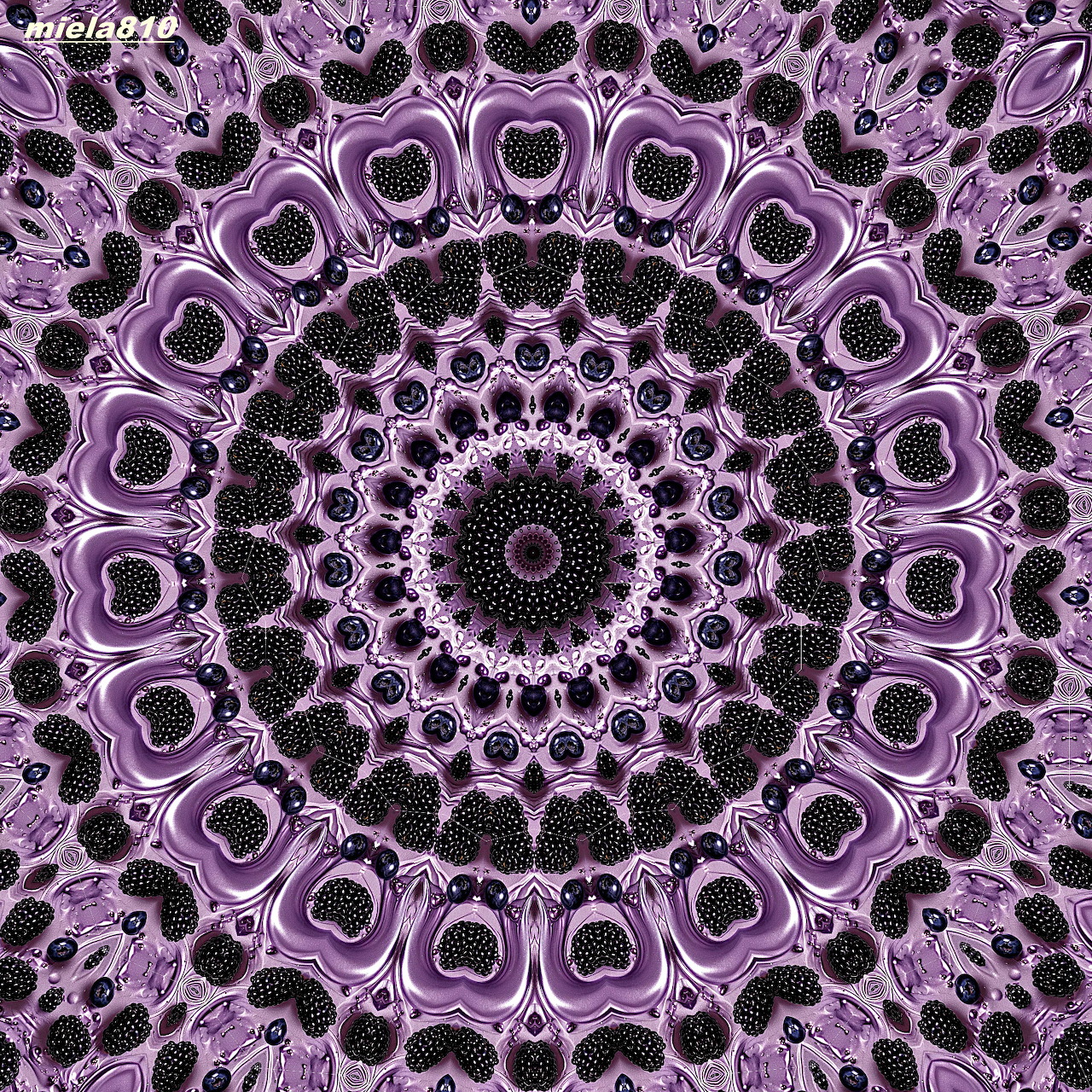 Detailed purple and pink mandala with symmetrical geometric patterns on black background