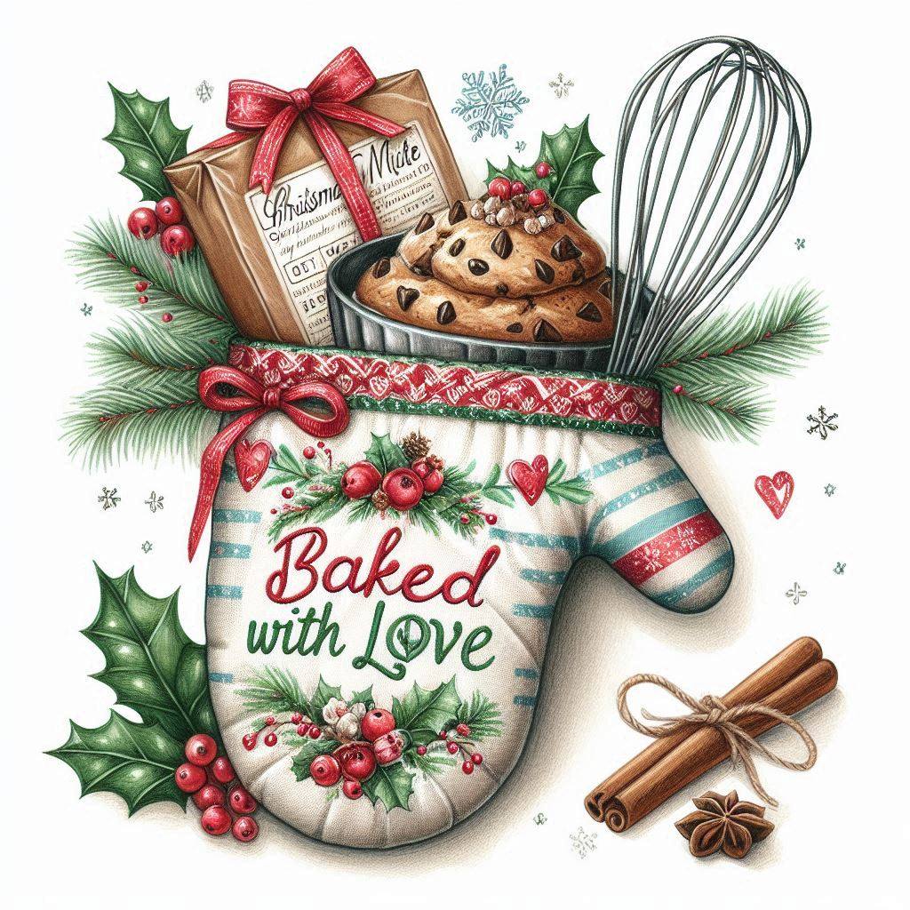 Christmas oven mitt with cookies, whisk, holly, pine branches, and cinnamon sticks on white background