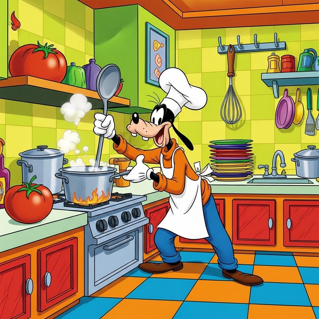 Cartoon of Goofy wearing chef hat and apron cooking at stove in bright yellow and orange kitchen