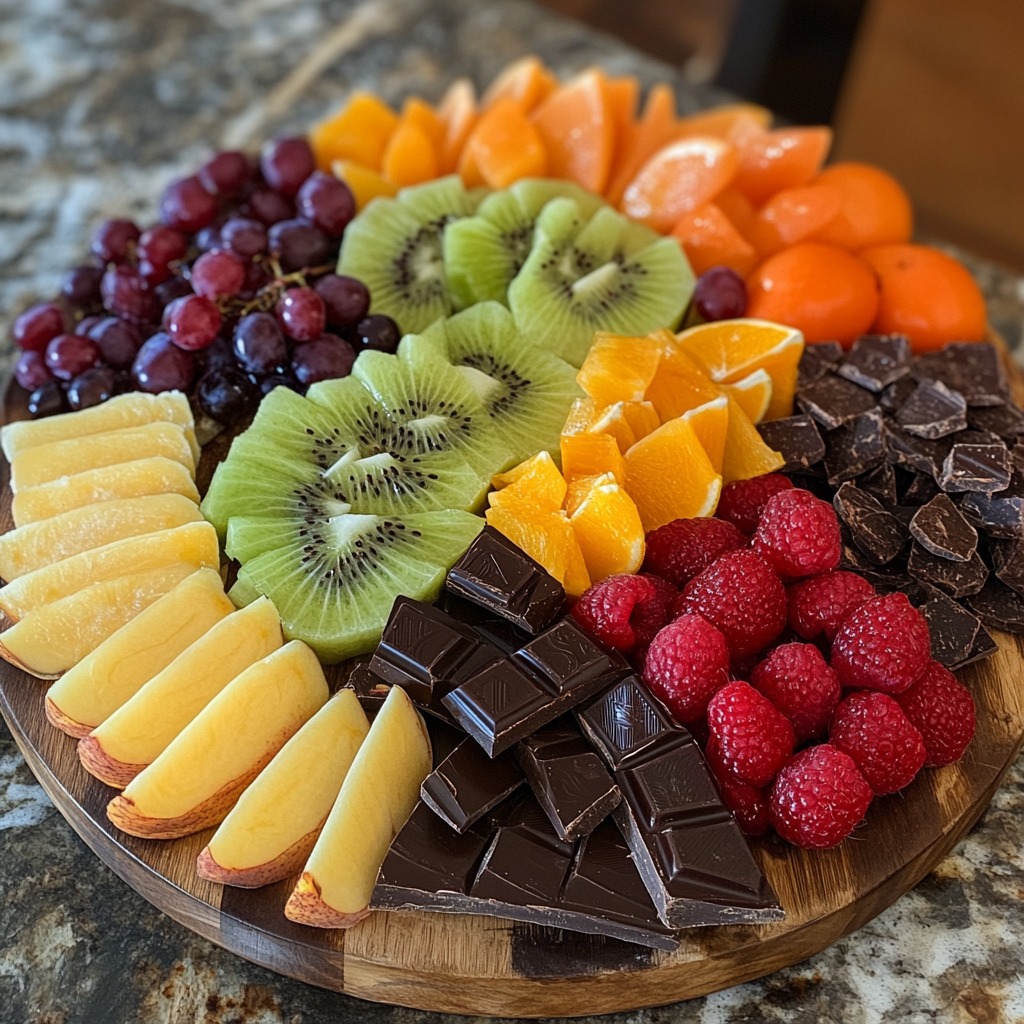 Wooden platter with sliced kiwi, orange, apple, grapes, raspberries, and dark chocolate arranged in a circular pattern