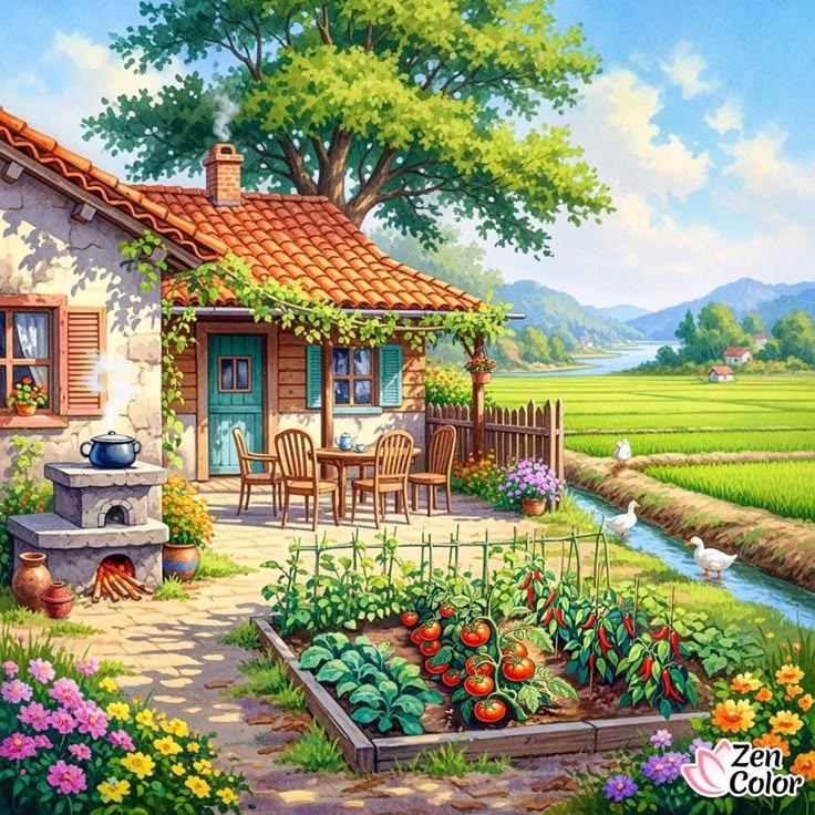 Rustic cottage with red tile roof, vegetable garden, patio, and stream in countryside landscape