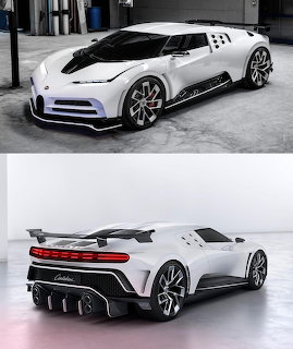 White Bugatti Centodieci supercar shown from front and rear angles on gray background