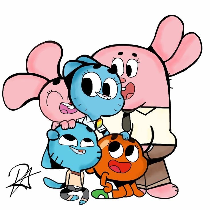 Cartoon family of pink, blue, and orange animal characters standing together on a white background