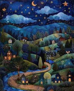 Stylized painting of a nighttime village with rolling hills, small houses with lit windows, trees, and a starry sky