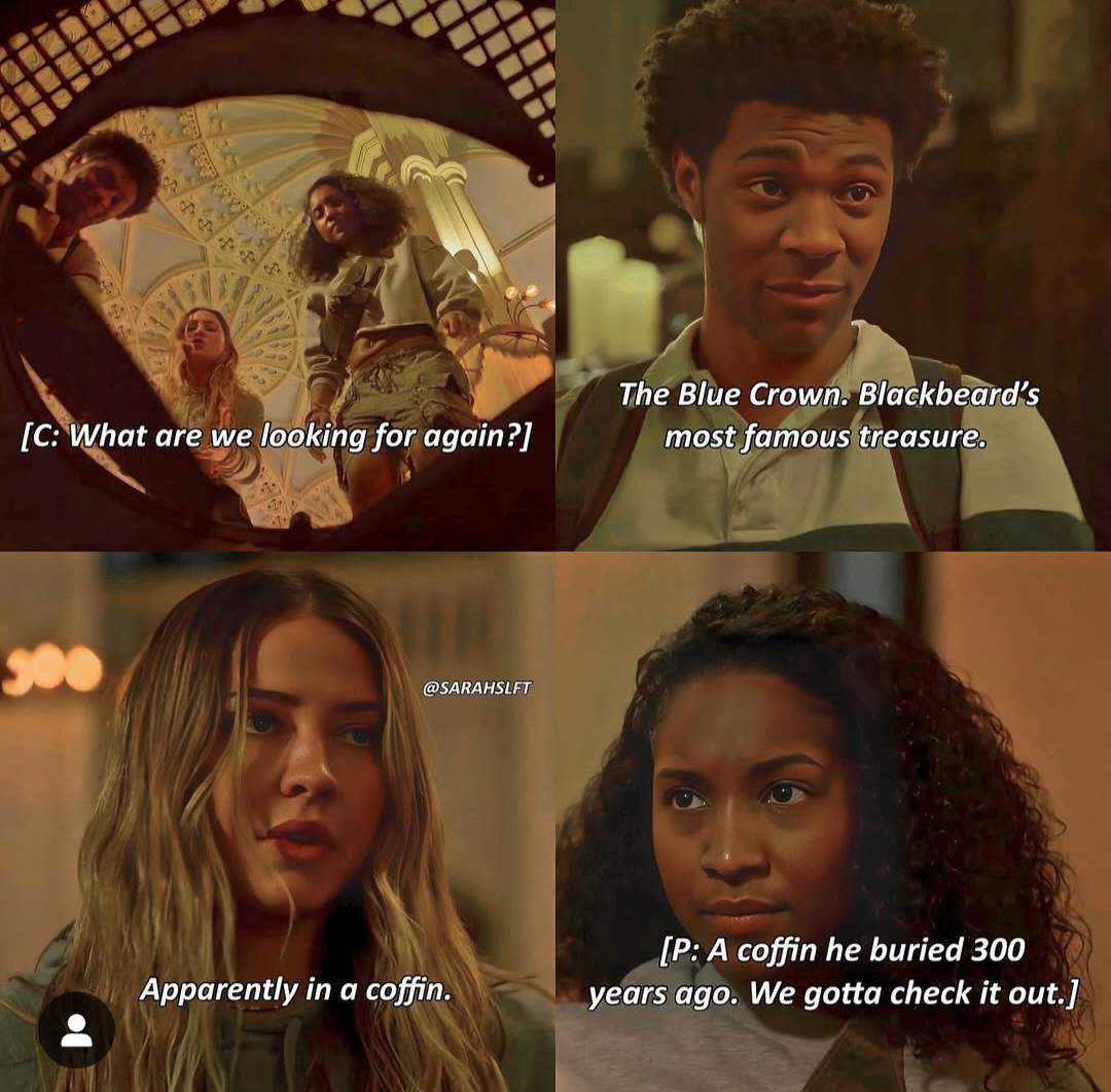 Four scene collage from Outer Banks TV series with dialogue subtitles showing characters in conversation