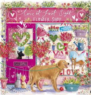 Illustration of a dog outside a pink flower shop with heart decorations and two cats