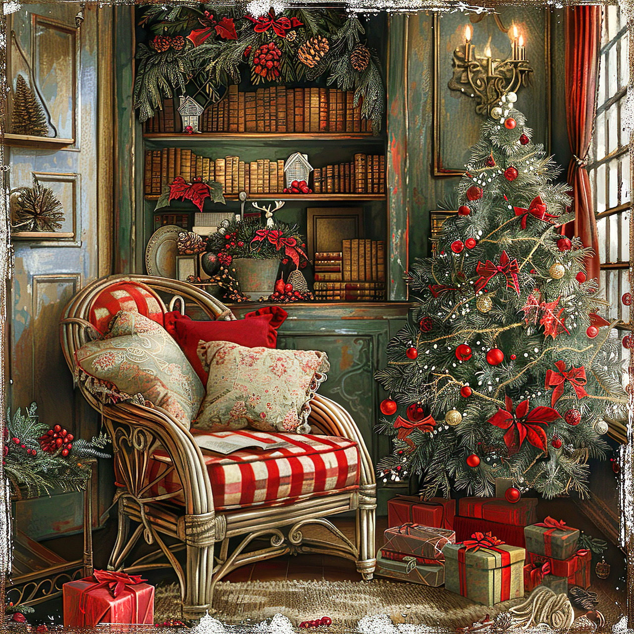 Festive Christmas corner featuring decorated tree, striped chair, bookshelf with garland, and wrapped presents