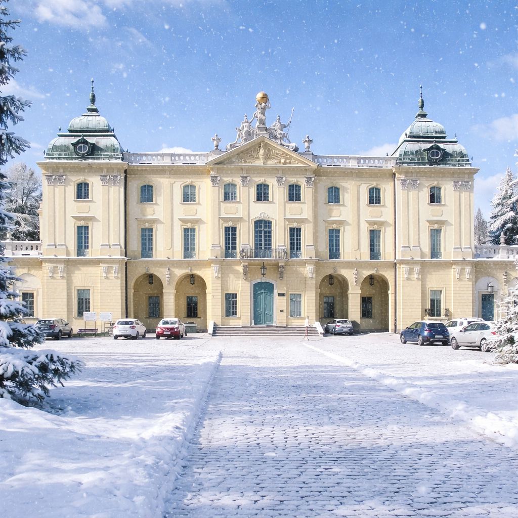 Snow-covered Pałac Branickich with baroque facade and cars in front under a clear winter sky