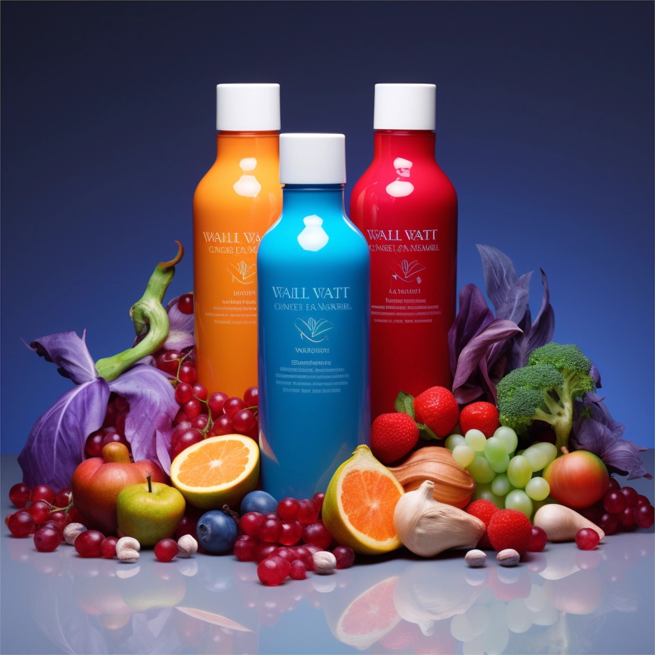 Three colorful beverage bottles with fresh fruits and vegetables arranged in front on studio background