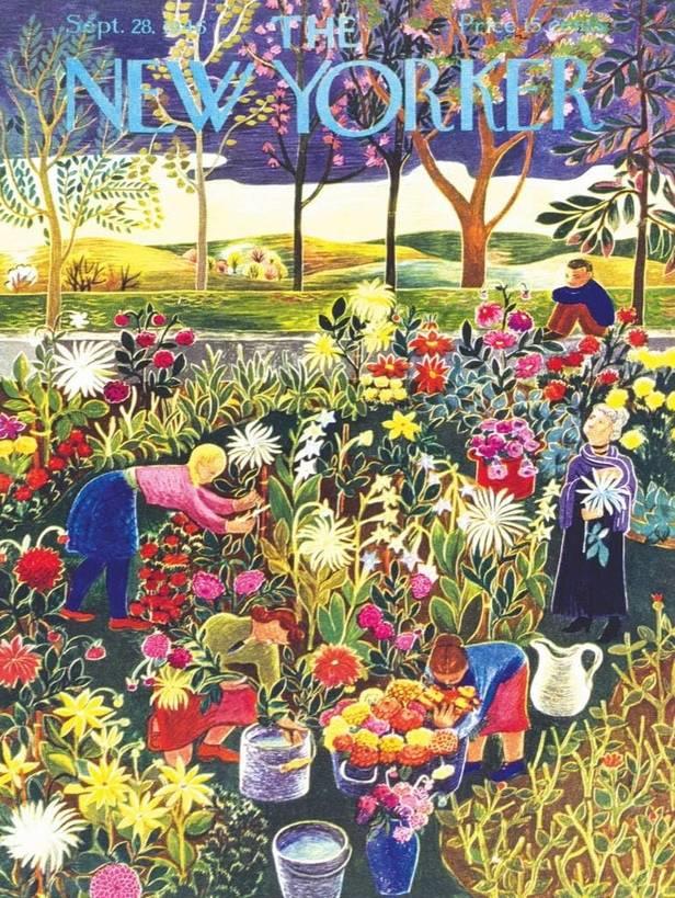 Colorful illustration of garden with abundant flowers, trees, white fence, and gardeners working among blooms