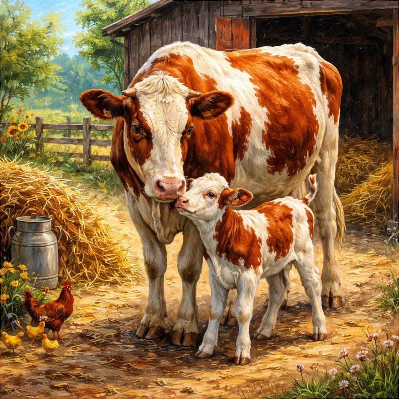 Brown and white cow with calf standing by barn in sunny farmyard with chickens and hay