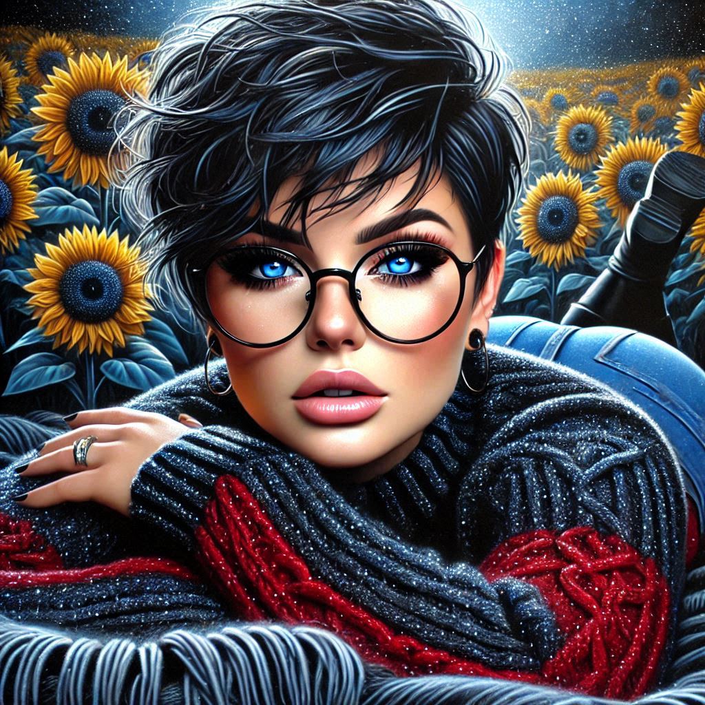 Portrait of woman with short black hair, glasses, and blue eyes surrounded by sunflowers
