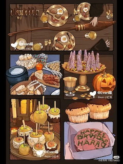 Illustration of wooden shelves displaying cakes, cupcakes, caramel apples, pastries, and desserts