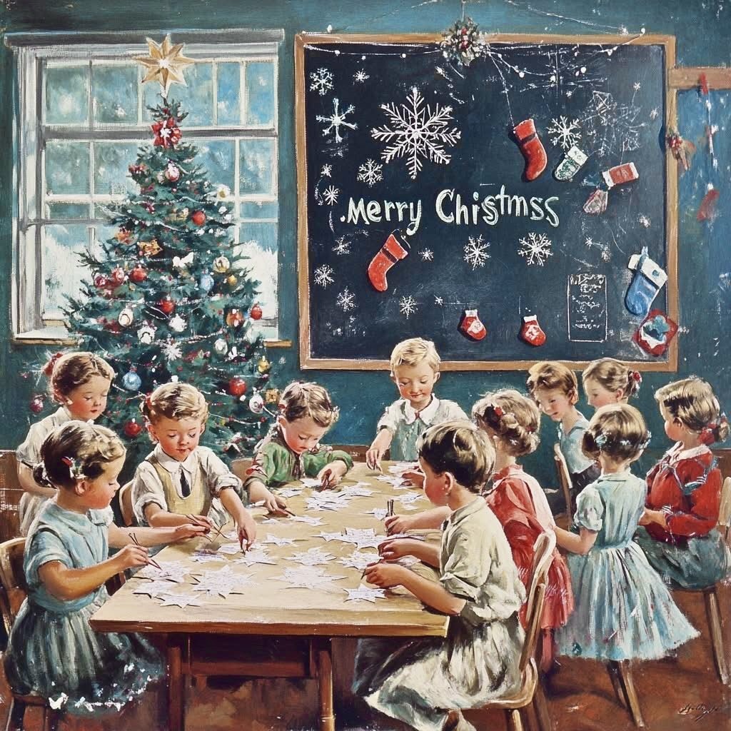 Children crafting snowflakes at table in vintage Christmas classroom with decorated tree and chalkboard