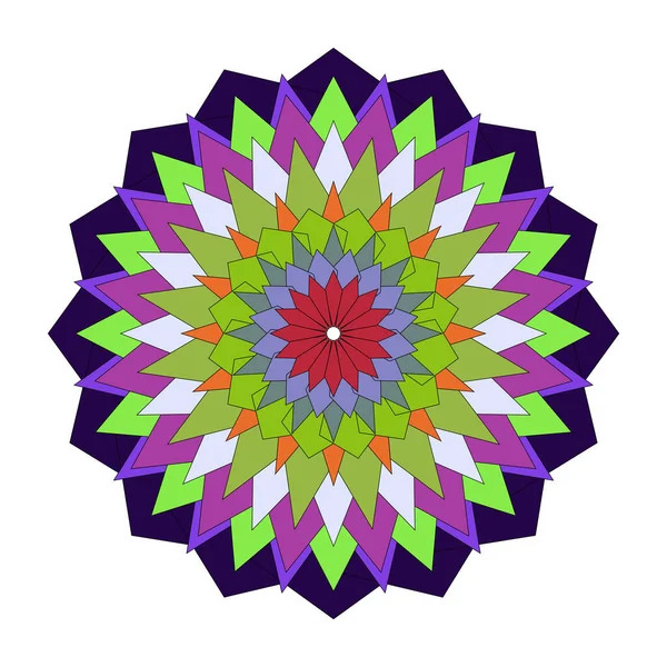 Geometric mandala with multicolored radiating petals in purple, green, pink, orange and blue on dark background
