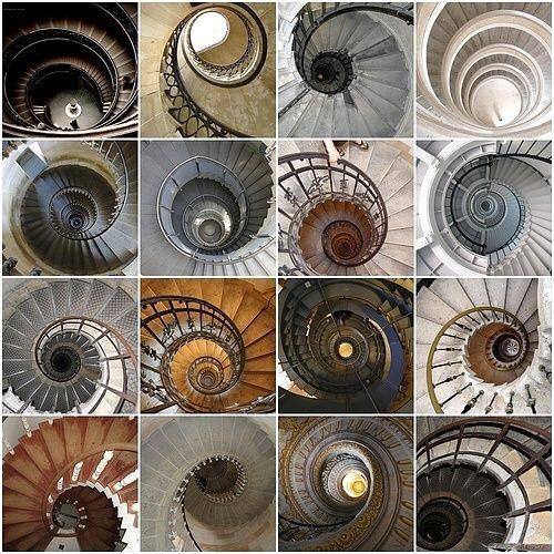 Grid of 16 spiral staircases photographed from below showing diverse architectural styles and materials