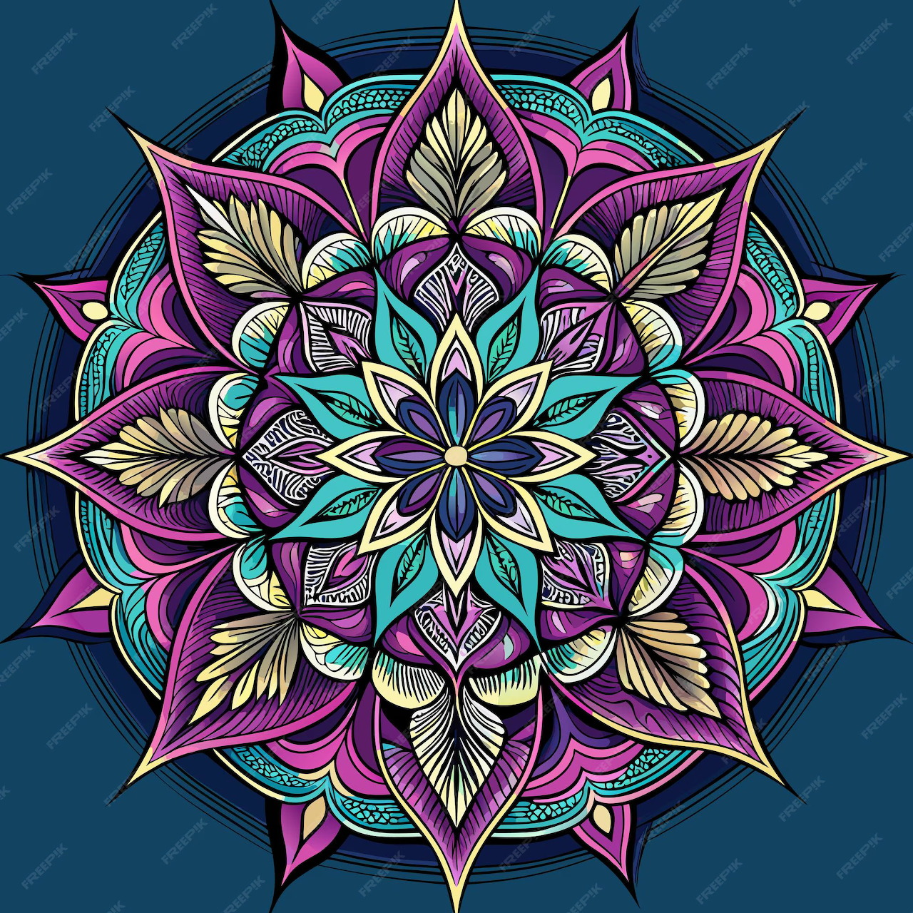 Ornate mandala with symmetrical floral and geometric patterns in vibrant colors on blue background