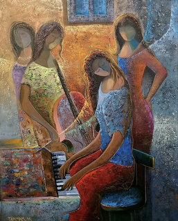 Painting of four women, one playing piano and another holding a flute, in colorful textured style
