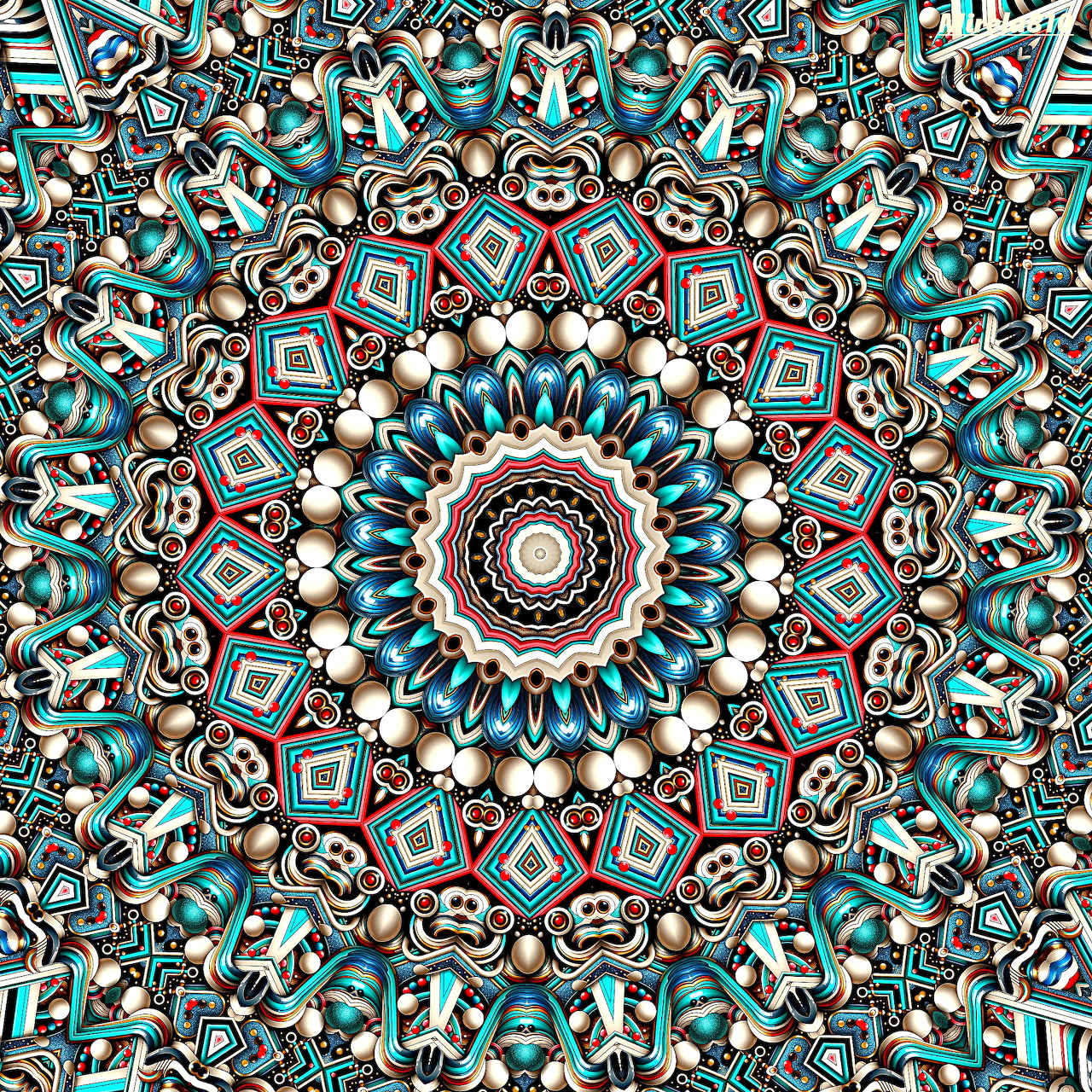 Intricate turquoise and coral mandala with radial symmetry and geometric patterns